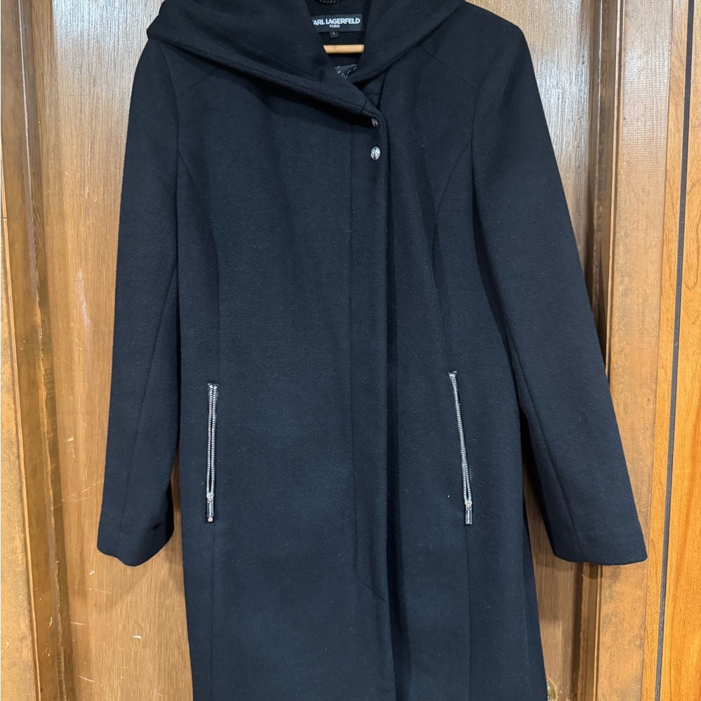 Karl Lagerfeld Black Wool Coat with Hood